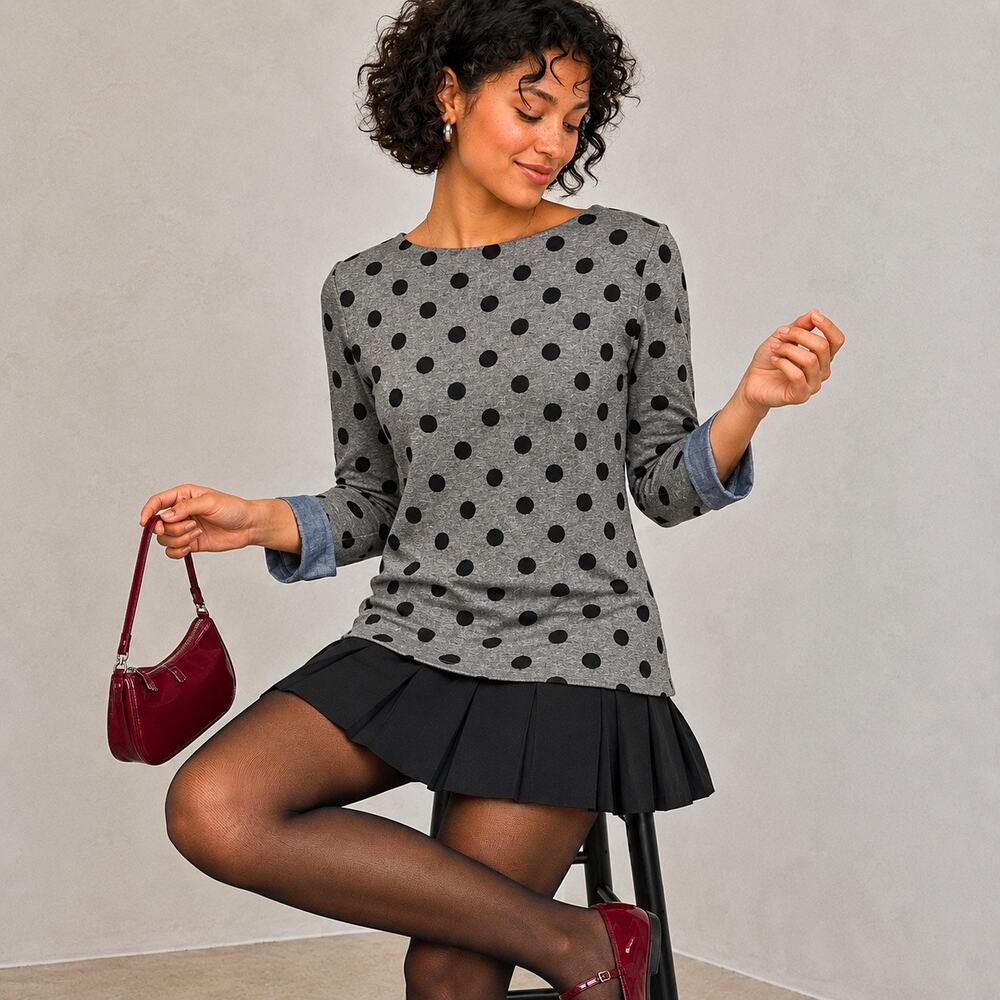 Talbots Preppy Mod Gray Black Polka Dot Chambray Cuff Top Medium